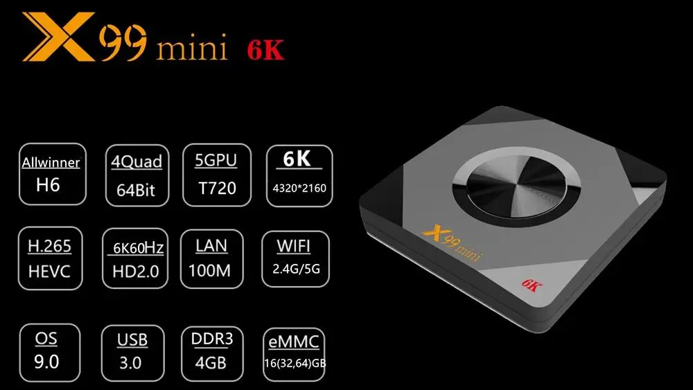 Vorke X99 Мини ТВ приставка Android9.0 Allwinner H6 4G/64G 2,4G+ 5G двойной WiFi 100Mbps LAN USB3.0