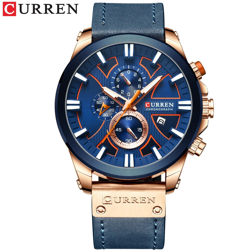 CURREN Часы Хронограф Спортивные мужские s кварцевые часы кожаные мужские наручные часы Relogio Masculino модный подарок для мужчин - Цвет: blue rose blue