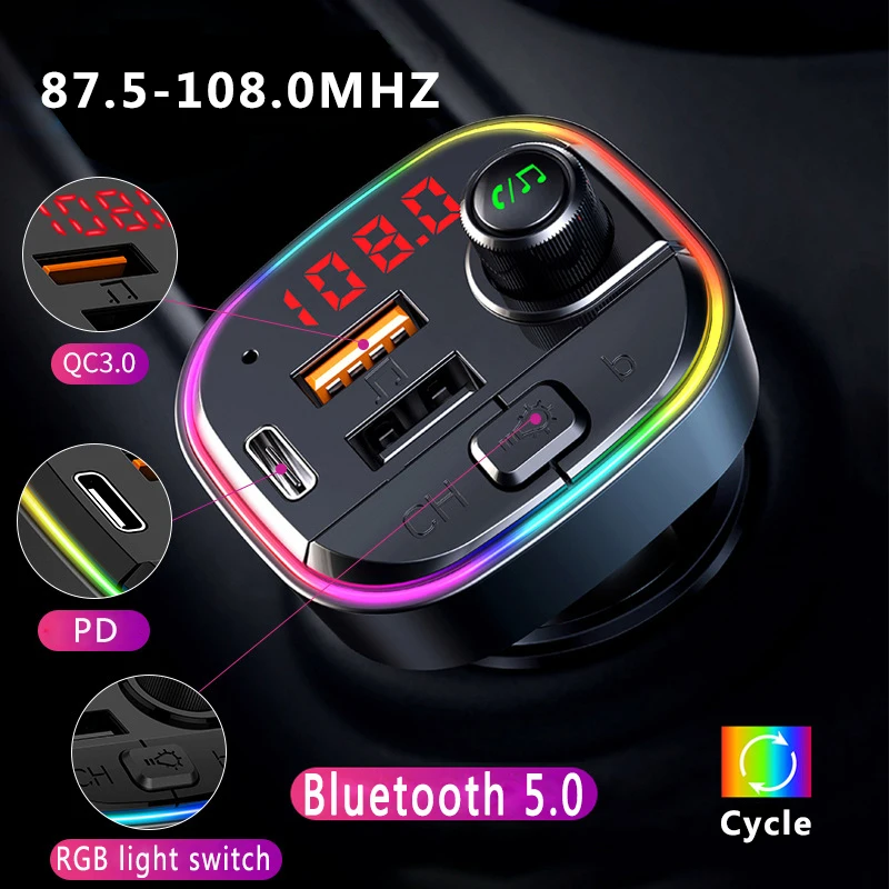 

Car Bluetooth 5.0 FM Transmitter Wireless Handsfree Audio Receiver Car MP3 Player RGB light USB QC3.0 Type-c Charger Accessories