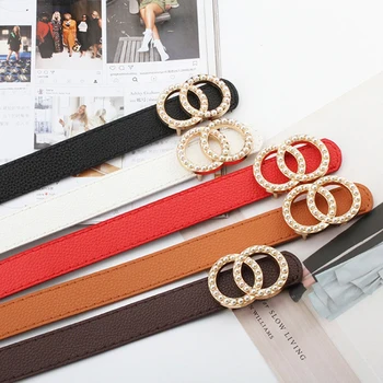 

Bling Pearl Double Ring Buckle Leather Belt Women Waist Black Belts Jeans Girls Jeans Dress blouse decor waist belts