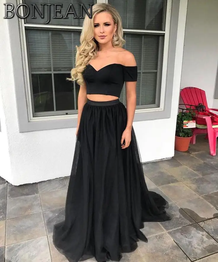 

Black Two Piece Evenign Dresses Off The Shoulder Black Girl Formal Dresses Evening Gown Womens Evening Dress Plus Size 2019