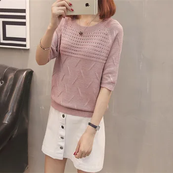 

Hollow Out Thin Knitted Pullovers Tops Half Sleeve Thin Summer Women Knitting Pull Jumper Women O-Neck Thin Cool Shirt Pull Tops