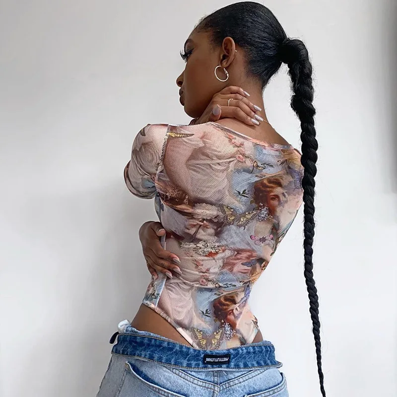 Women Sexy Bodysuit Clothing Long-Sleeve Y2k Vintage Outfits Streetwear Print Winter
