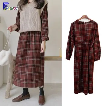 

Winter New Year Red Plaid Dresses Retro Women's Slim Bow Tie Waist Preppy Korea Japanese Style Cute Vintage Cotton Dress Long