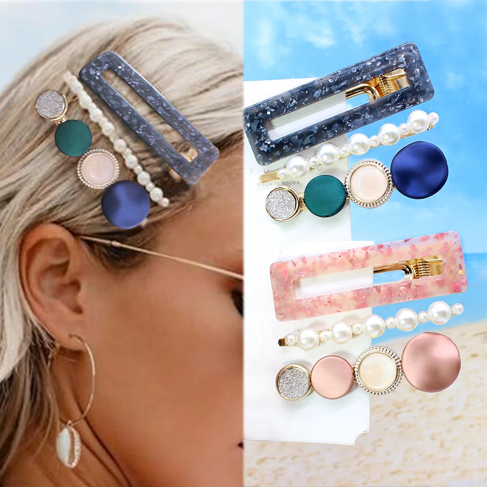 

New 3PCS/Set Fashion Pearls Acetate Geometric Hair Clips For Women Girls Headband Sweet Hairpins Barrettes Hair Accessories Set