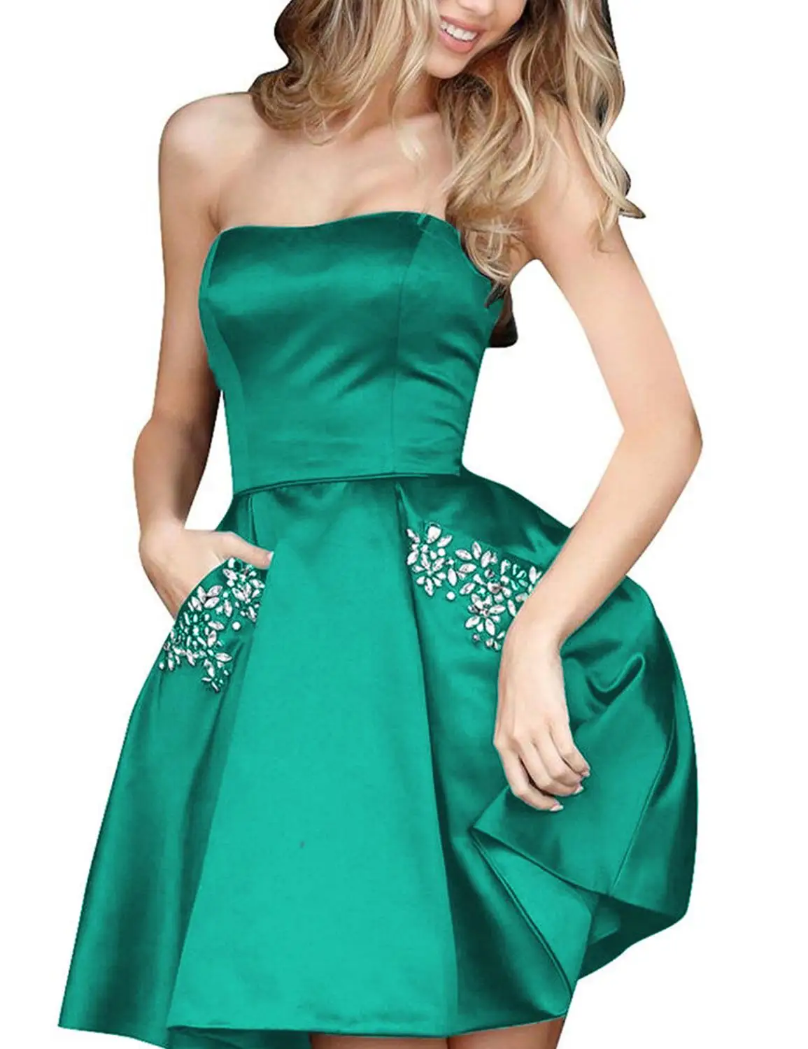Robe De Soiree сексуальные короткие коктейльные платья с кристальными карманами, атласные вечерние платья, Короткие мини платья для выпускного вечера - Цвет: Teal