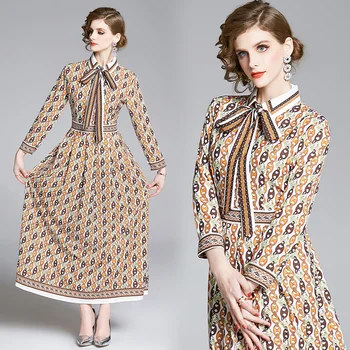 

Womans Floral Print Summer Dresses Bow Neck Female Elegant Maxi Dress Ladies Runway Long Party Dresses OL pleated Dress