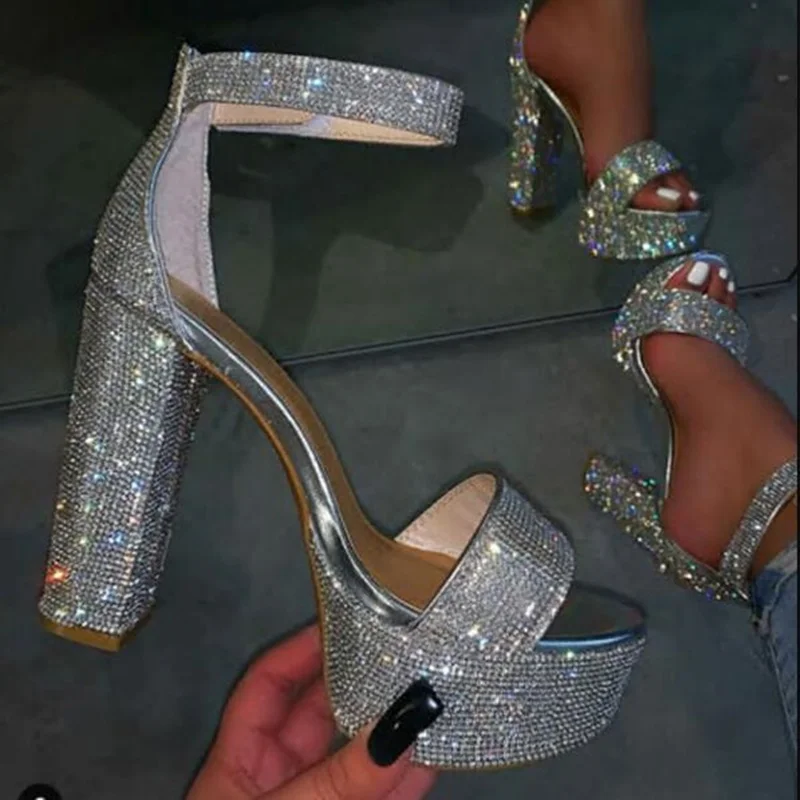 Luxury Bling Bling Crystal Chunky Heels 