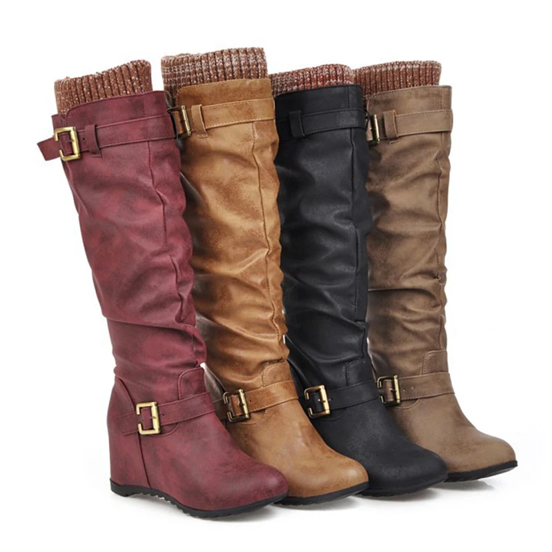 

Boots Women 2019 New Women Western Cowboy Knee Boots Winter Warm Outdoor Punk Boots Smooth PU Leather Women Shoes Botas Mujer