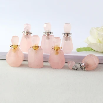 

1PC Rose Quartzs Essential Oil Bottle Pendants With Gold Loop Perfume Bottle Pendants Stone Jewelry charm for Necklace Making