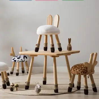

Solid Wood Children Cartoon Animal Stool Baby Cute Home Bench Deer Chair Backrest Table And Chair Combination