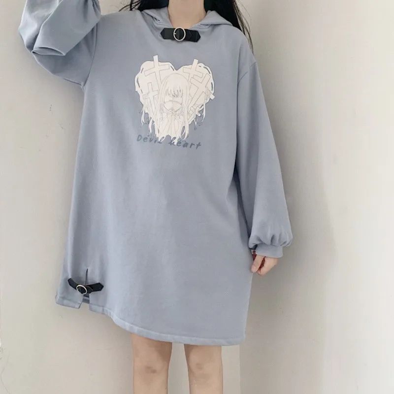 Зимние готические милые женские синие толстовки Harajuku Kawaii аниме дьявол Длинная толстовка японский панк Милая Женская Хэллоуин-толстовка