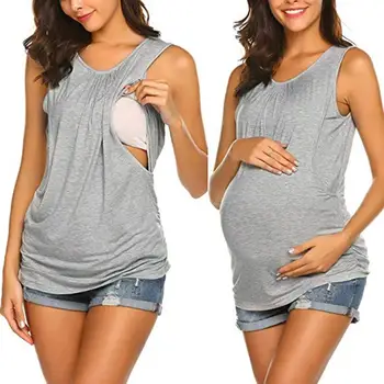 

Nursing Tank Tops Maternity Tops Sleeveless Double Layer O Neck Solid Color Pregnancy Summer Tops #20