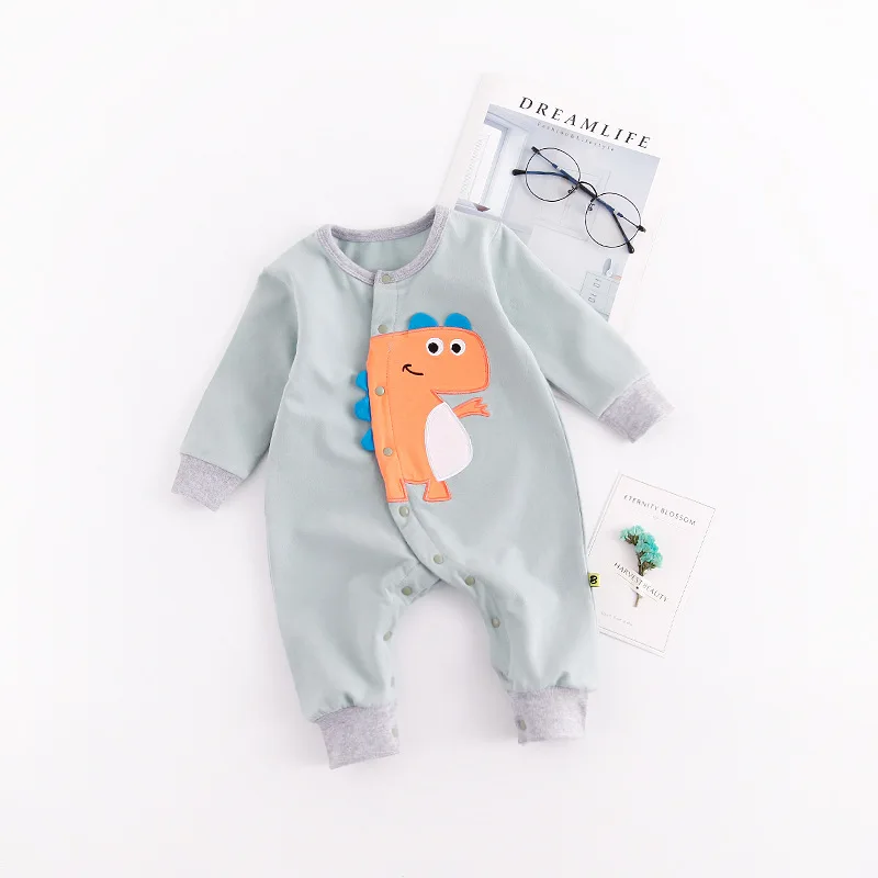 

Clothes for Babies 2018 Spring Cartoon One-piece Romper Baby Cute Embroidered Dinosaur Side Open Casual Crawling Clothes