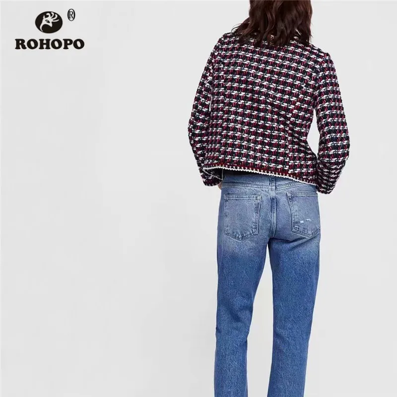 ROHOPO твидовая тканевая куртка с круглым воротником, осень/зима, несколько карманов, тонкая женская Ретро верхняя одежда, кружевная отделка, Женская куртка#9863