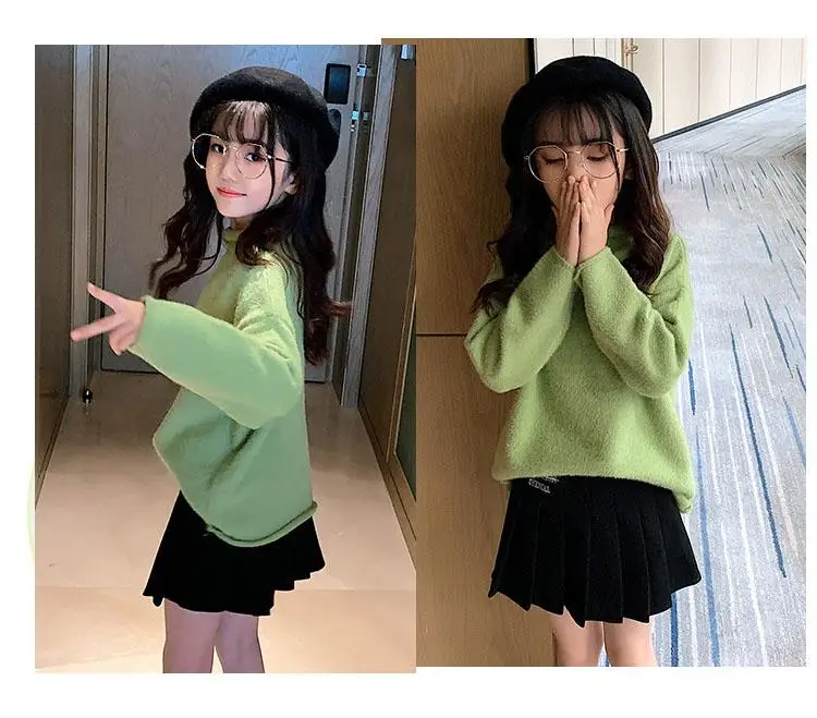 New 2020 Spring Autumn Winter Pullover Big Girls Sweater High Collar Baby Girl Sweater Fashion Kids Sweater Green White Tops (7)
