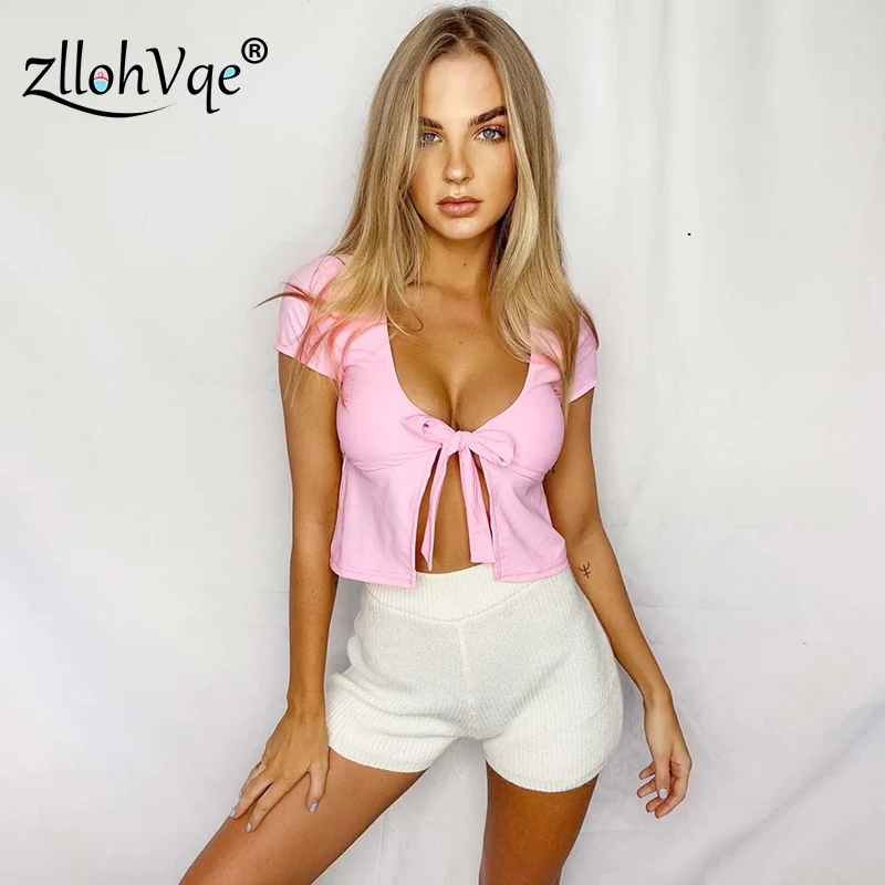 Zllohvqe Fashion Short Sleeve Top Sexy Bandage Pure Color Low Collar Women Top