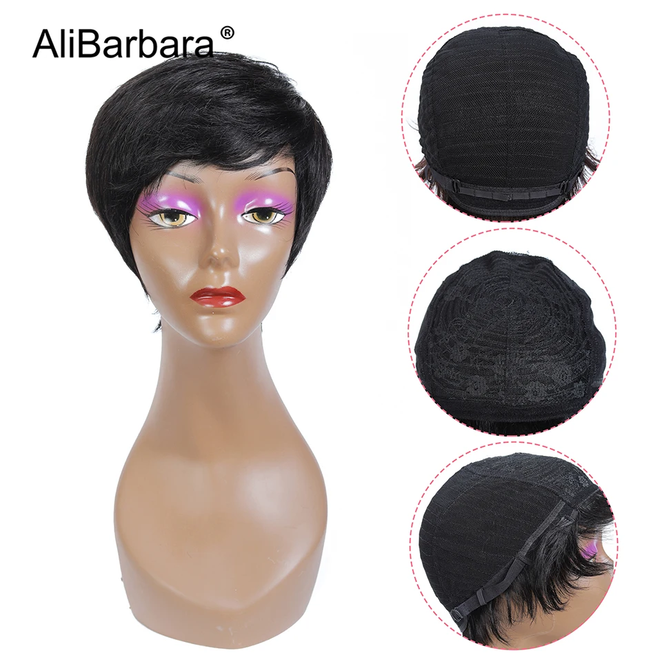 Alibarbara short human hair wigs with bangs for women pixie cut natural