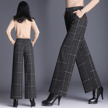 

Autumn Winter High Waist Plaid Wide Leg Pants Vintage Fashion Loose Pants Casual Brief Korean Pocket Plus Size Full Length