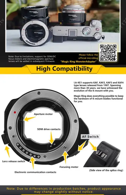 Monster Adapter LA-KE1 Adapter Ring Auto Focus K Mount Lens Monster Adapter LA-KE1 Adapter Ring Auto Focus K Mount Lens