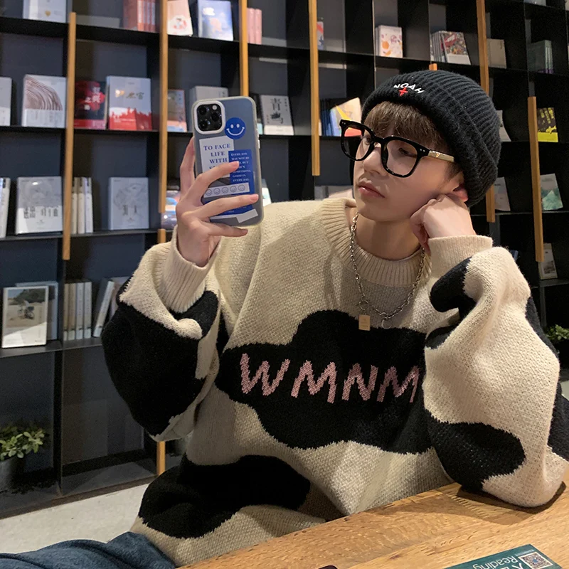 

2021 men's autumn and winter new style Hong Kong style outdoor cow large size loose knit sweater