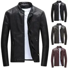 Стильная мужская теплая куртка с воротником-стойкой из искусственной кожи с флисовой подкладкой и карманами на молнии, мужские пальто с воротником-стойкой, Кожаные Байкерские Куртки