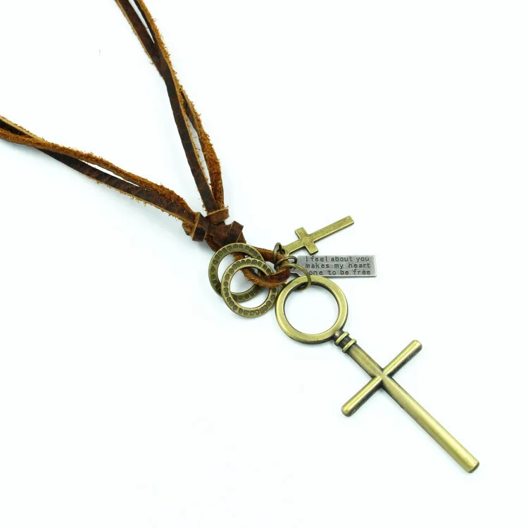 

Europe And America Men Bronze Cross Pendant Leather Necklace Jesus Religious Necklace Women's Vintage Full-grain Leather Necklac