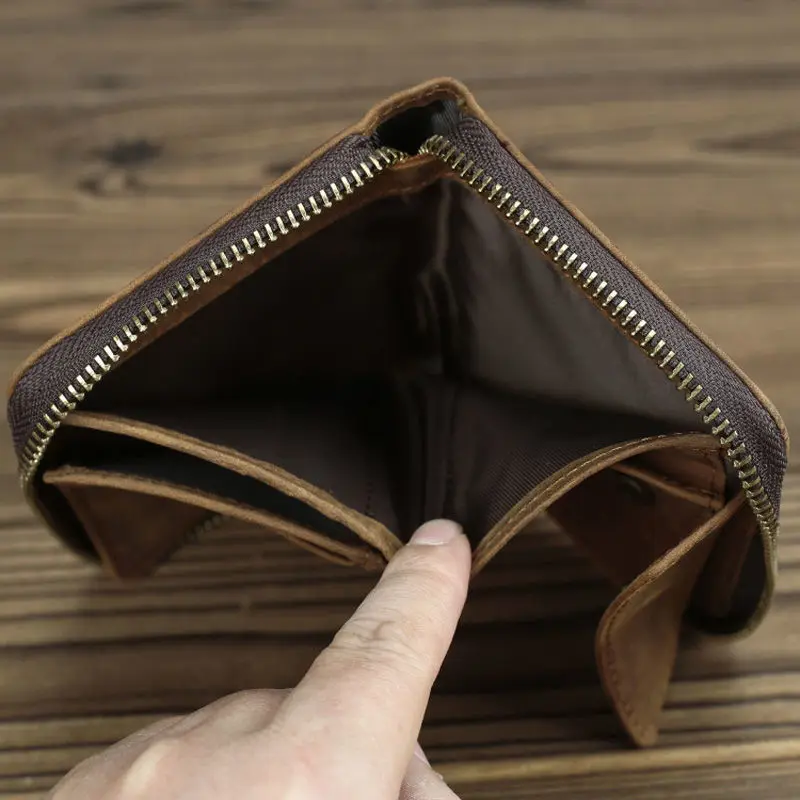 Short Organizer Wallet Man With Zipper Around Genuine Leather Male Coin Purse Crazy Horse Leather Card Holder For Boys Vintage Short Organizer Wallet Man With Zipper Around Genuine Leather Male Coin Purse Crazy Horse Leather Card Holder For Boys Vintage