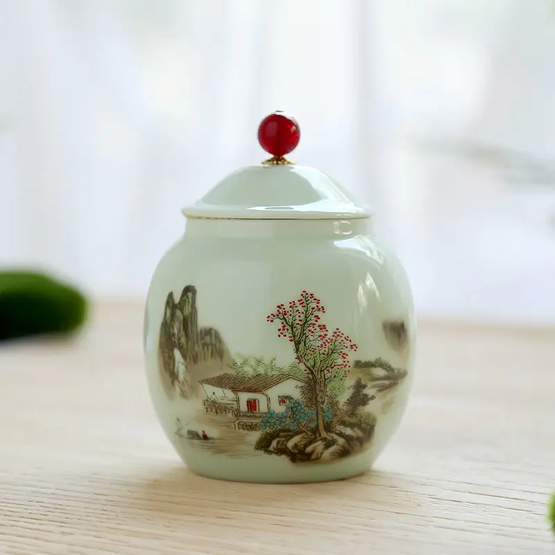 Mini Tea Jar Ceramic Tea Cans Seal Cans Home Decor Tank Travel Tea Jar moistureproof Tank Coffee Bean Cans Herb Storage Jar - Цвет: qingcishanshuirenjia