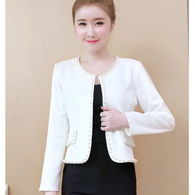 Женские осенние куртки и пальто с жемчугом в Корейском стиле, розовые, белые, черные короткие пальто с круглым вырезом, большие размеры
