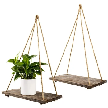 

Premium Wood Swing Hanging Rope Wall Mounted Floating Shelves Plant Flower Pot indoor outdoor decoration simple design