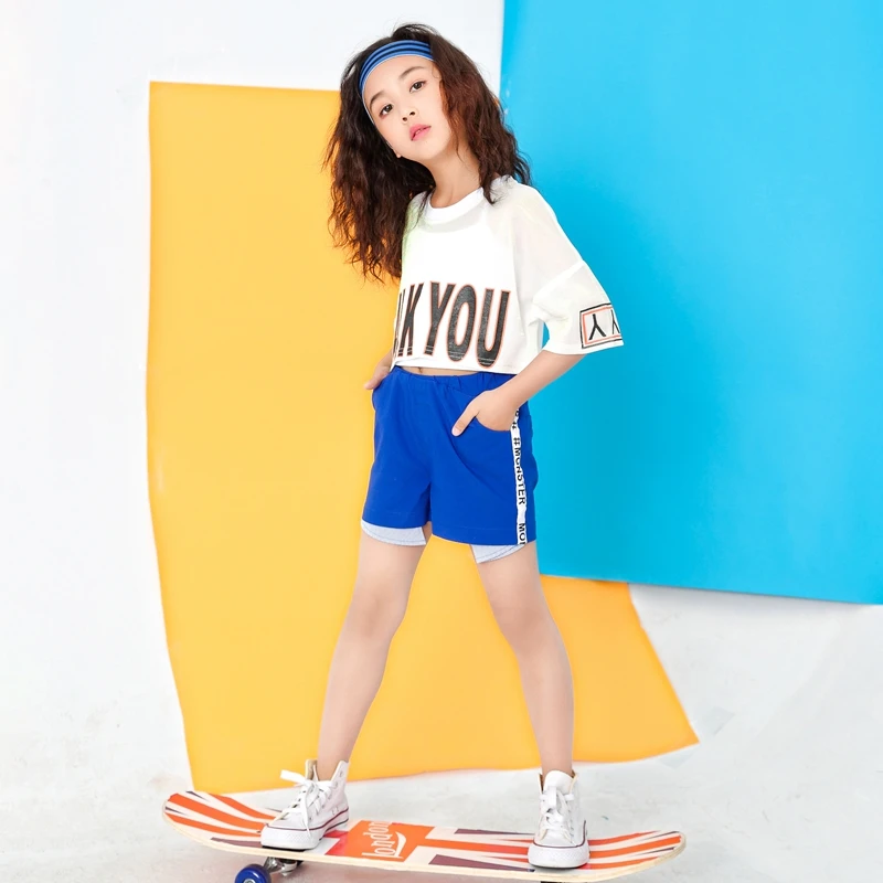 Children White Jazz Dance Costumes Girls Letter Crop Top Blue Shorts Dance Sets Hip Hop Modern Party Stage Outfits (12)