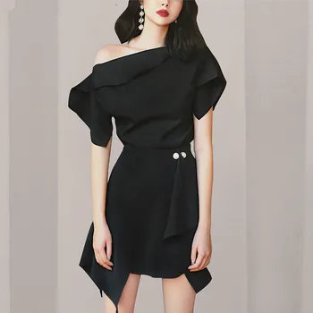 

Women Elegant Off Shoulder Tops + Pearls Draped Skirt Outfits 2019 Summer Office Lady Short Sleeve Black Ruffles Skirt and Top