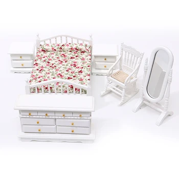 

Cute 1:12 Dollhouse Miniature White Wooden European Retro Bedroom Furniture Set for Kids Playing House Game Toy Gift