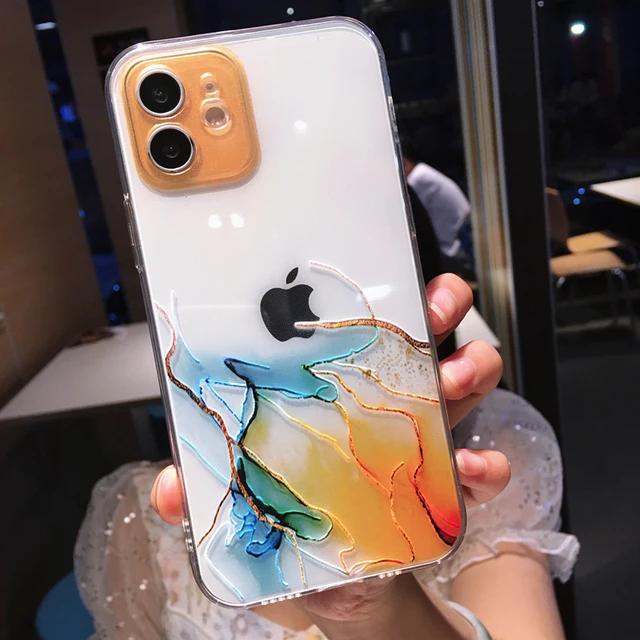 Watercolor Painting Phone Case For iPhone 13 Pro Max 12 Mini 11 X XR XS 7 8 Plus 6S Colorful Marble Clear Soft Shockproof Cover orange