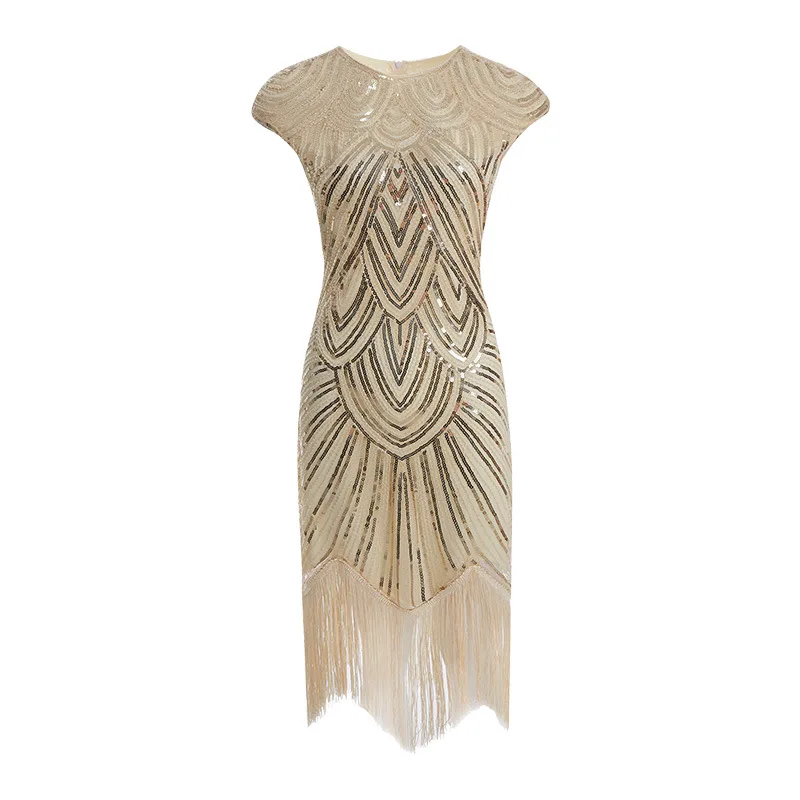 Apricot Женское винтажное платье Great Gatsby 1920 года, платье с блестками, с круглым вырезом, с кисточками, облегающее, с бисером, макси, вечерние платья, длинные платья - Цвет: Apricot