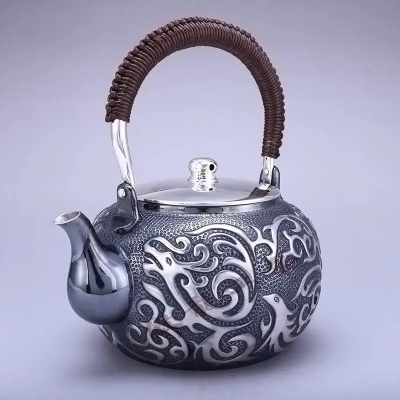 Чайник, чайник, чайник с горячей водой, железный чайник, чайник из нержавеющей стали, чаша для чая, Емкость 1100 мл, Стерлинговое Серебро ручной работы S999 - Цвет: Silver Teapot 637g