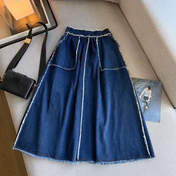 

New Arrival Long Jean Skirt Office Lady Elegant Long Denim Skirt With Pockets 2019 Fashion A-line Skirt