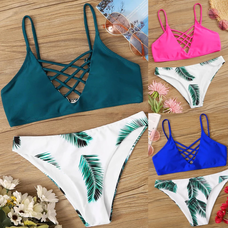 

Leaf Printing Sexy Bikini Padded Bathing Suit Push Up Swimsuit Swimwear Floral High Leg Thong Biquini 2piece Swimsuits For Women