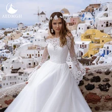 

Aedmgh Ball Gown Vintage Wedding Dresses 2022 Boat Neck Flare Long Sleeve Bride Dress Lace Appliques Princess Chic Bridal Gowns