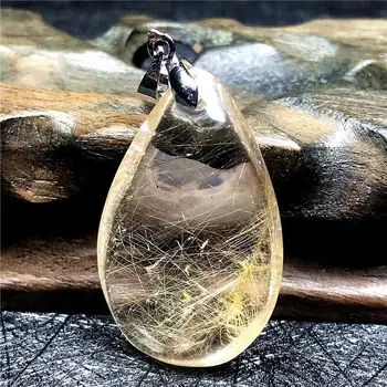 

Top Natural Gold Hair Rutilated Quartz Pendant For Woman Men 35x22x9mm Wealthy Gift Lucky Stone Crystal Necklace Pendant AAAAA