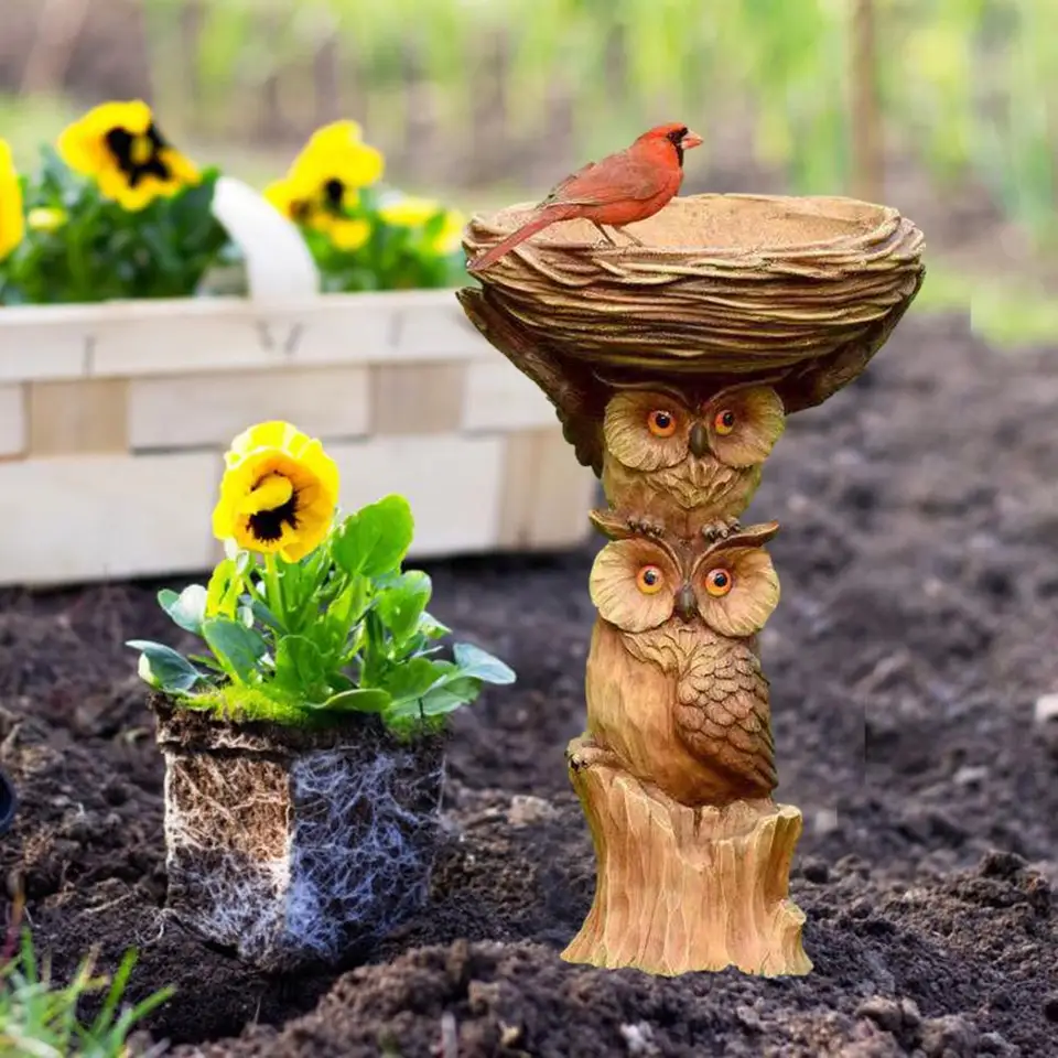 Resin Owl Bird Bath Garden Feeder Decoration