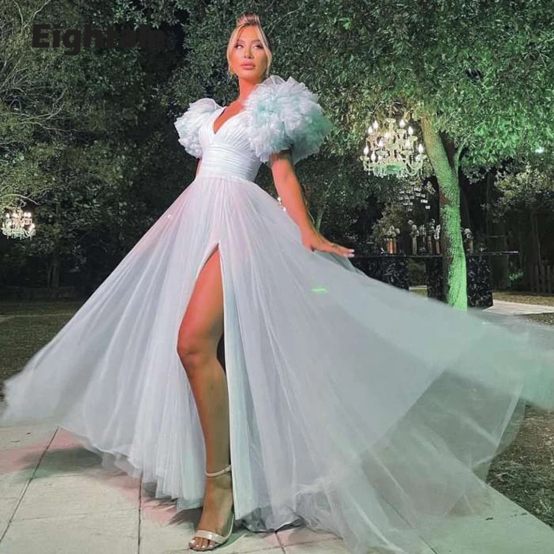 

Eightale Elegant Evening Dresses 2021 Sweetheart Cap Sleeves Ruffled High Side Split Tulle Green Prom Party Dress for Graduation