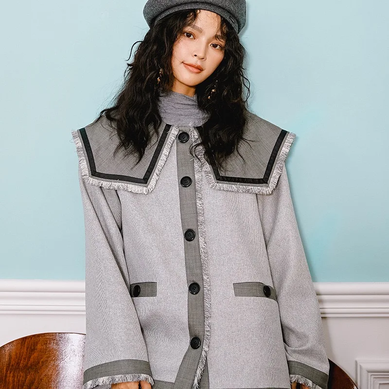 Autumn Original Design Gloria&Grace Gray Patchwork Big Collar Tassel Fashion INSTAGRAM Oversize Loose Coat Jacket Outerwear