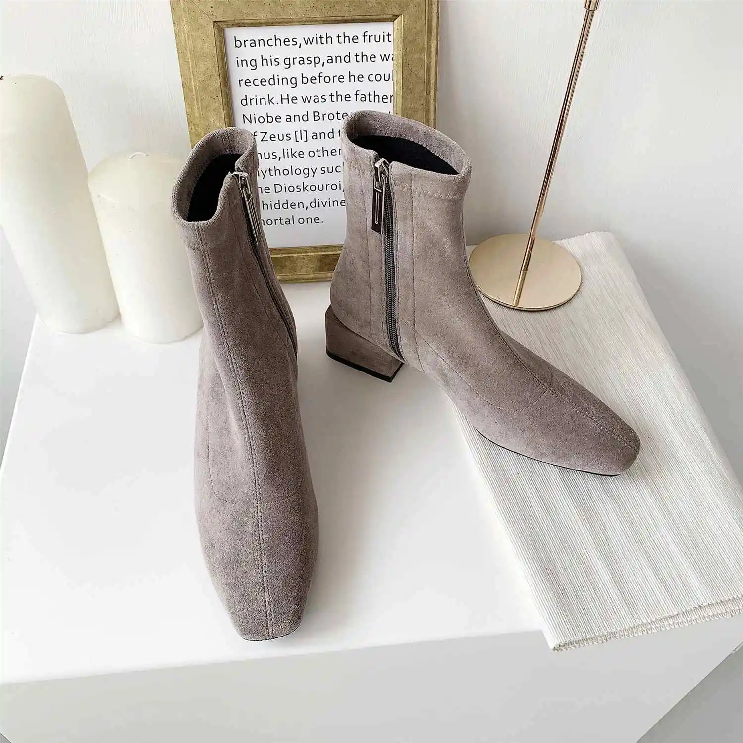 krazing pot flock material med heels zipper square toe keep warm movie star office lady winter shoes gorgeous ankle boots l00