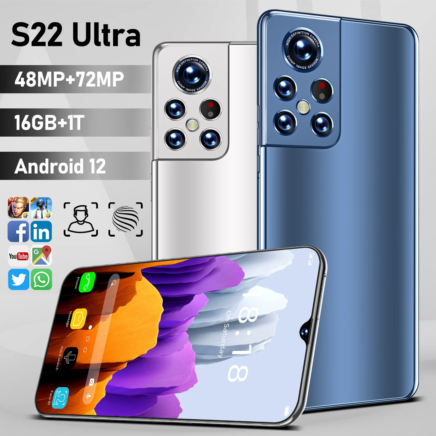 S22 Ultra Smartphone 16G+512G Global Version Android Phone 6000mAh Support Google Face Unlock 5G Los Teléfonos Móviles | Мобильные