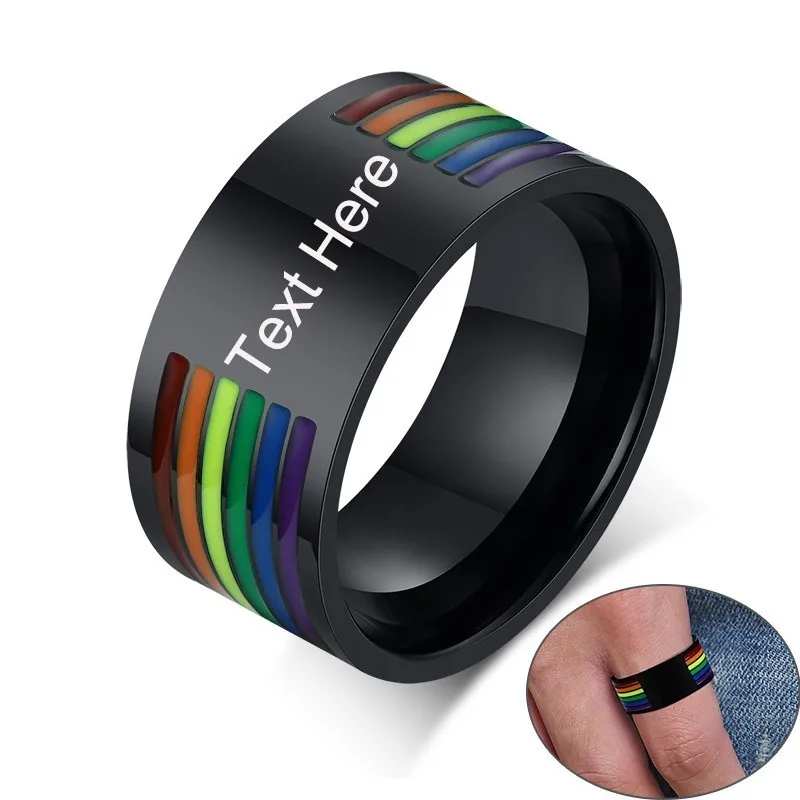 

Custom Engraving 10mm Stainless Steel Enamel Rainbow Lines LGBT Pride Rings for Lesbian & Gay Wedding Bands Jewelry