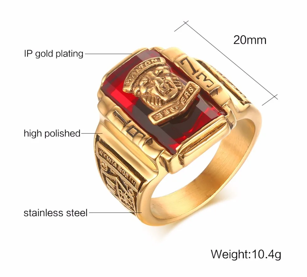 Trendy High School Class Rings for Men Stainless Steel Red Stone 1973 Walton Tigers Tag Finger Ring Fashion Jewelry bague anel masculino 18