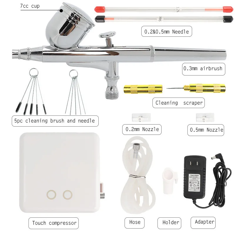 Onnfang Горячая набор воздушных компрессоров с двойным действием Аэрограф Краскораспылитель для дизайна ногтей макияж Air-кисть комплект - Цвет: 0.2-0.3-0.5mm A2