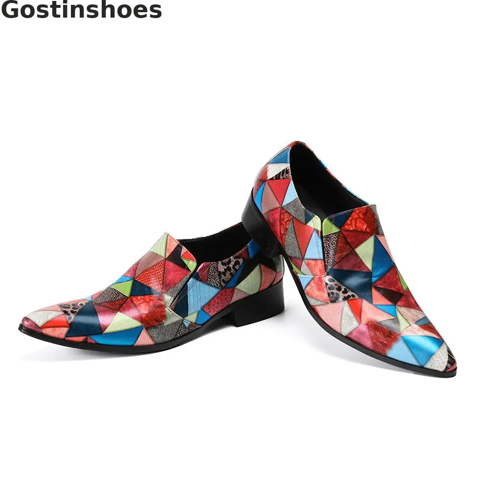 Mixed Color Men Loafers Genuine Leather Pointed Metal Capped Toe Casual Leather Shoes Slip-on Rubber Outsole Men Shoes Fashionable